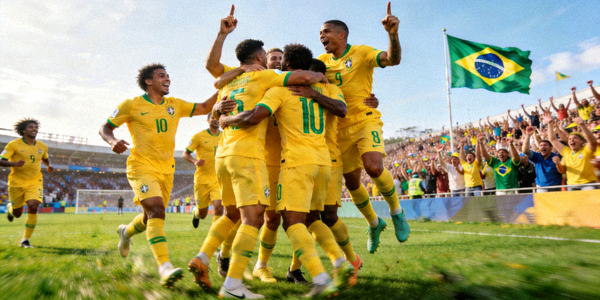 巴西国家足球队集体庆祝进球的精彩瞬间 - 球员身穿黄色球衣