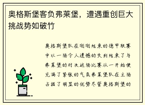奥格斯堡客负弗莱堡，遭遇重创巨大挑战势如破竹